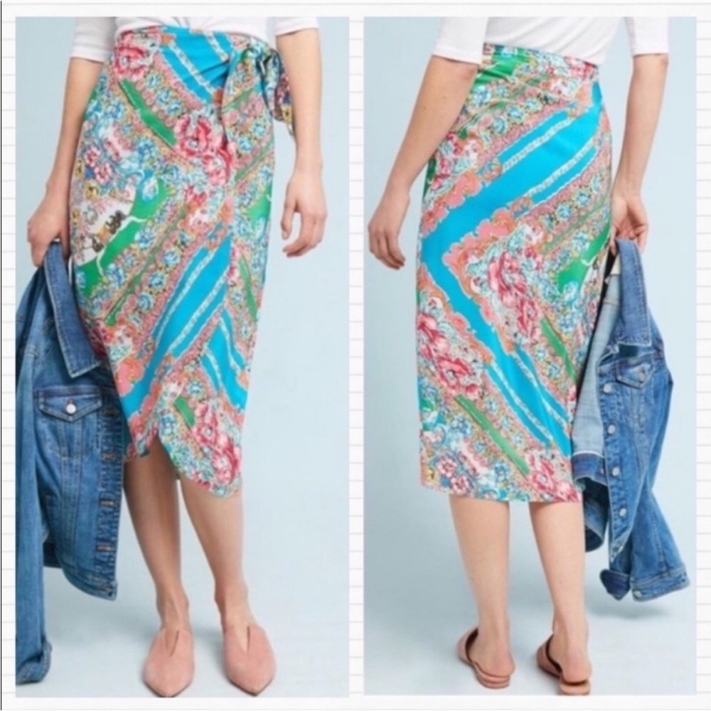 Anthropologie Turquoise Floral Print Midi Skirt